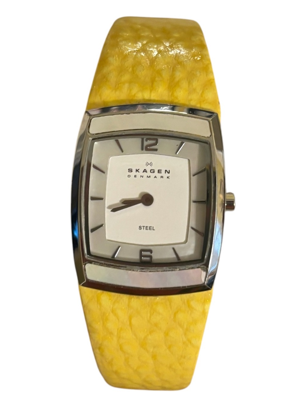 SKAGEN Denmark Stainless Steel Watch Yellow Leather Band Vintage In Box